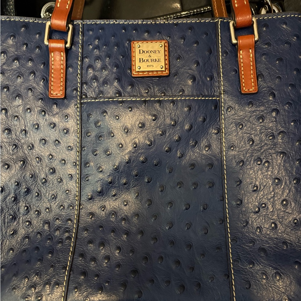 Dooney & Bourke Blue Ostrich-Embossed Tote with Brown Accents